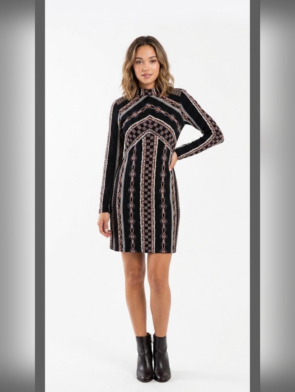 Free People Elegant Black Patterned Dress, Size M.